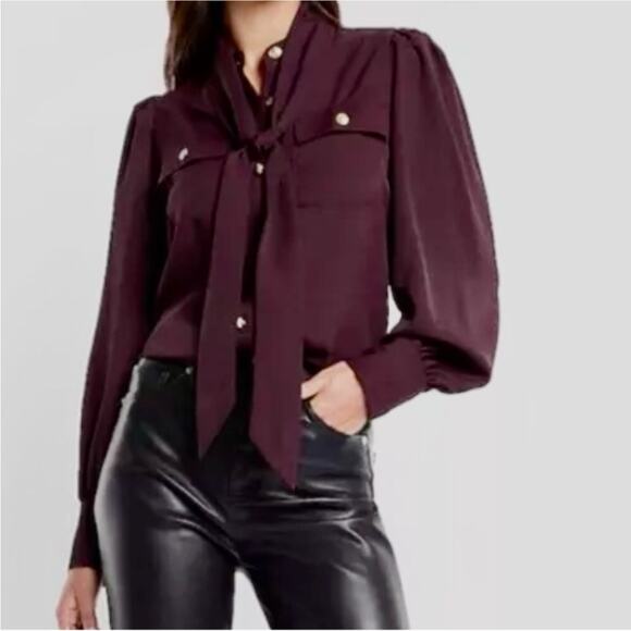 EXPRESS Portofino Balloon Sleeve Button down Blouse Medium missing scarf - Picture 7 of 8